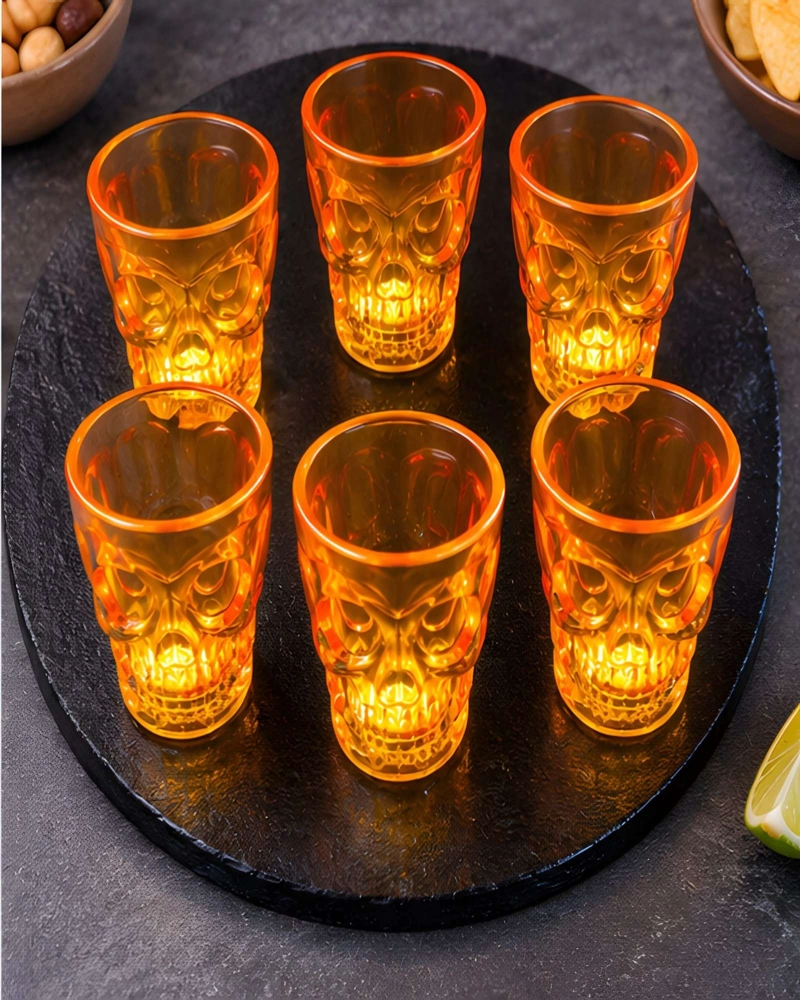 PACK 6 VASOS CALAVERA CON LUZ LED PARA HALLOWEEN Y FIESTAS - 1