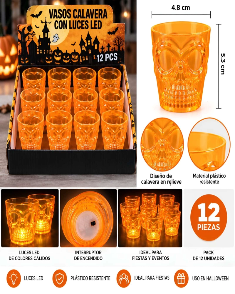 PACK 12 VASOS CALAVERA CON LUZ LED PARA HALLOWEEN Y FIESTAS - 5