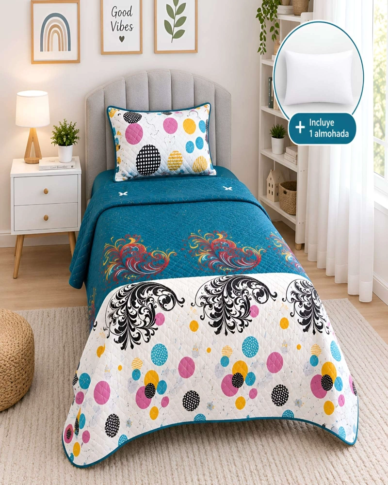 CUBRECAMA ACOLCHADO 1.5 PLAZAS (180X230 CM) + 1 ALMOHADA + 1 FUNDA - 4