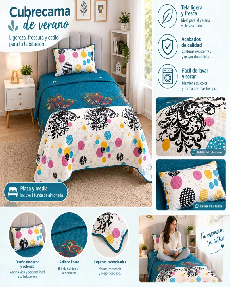 CUBRECAMA ACOLCHADO 1.5 PLAZAS (180X230 CM) + 1 ALMOHADA + 1 FUNDA - 5