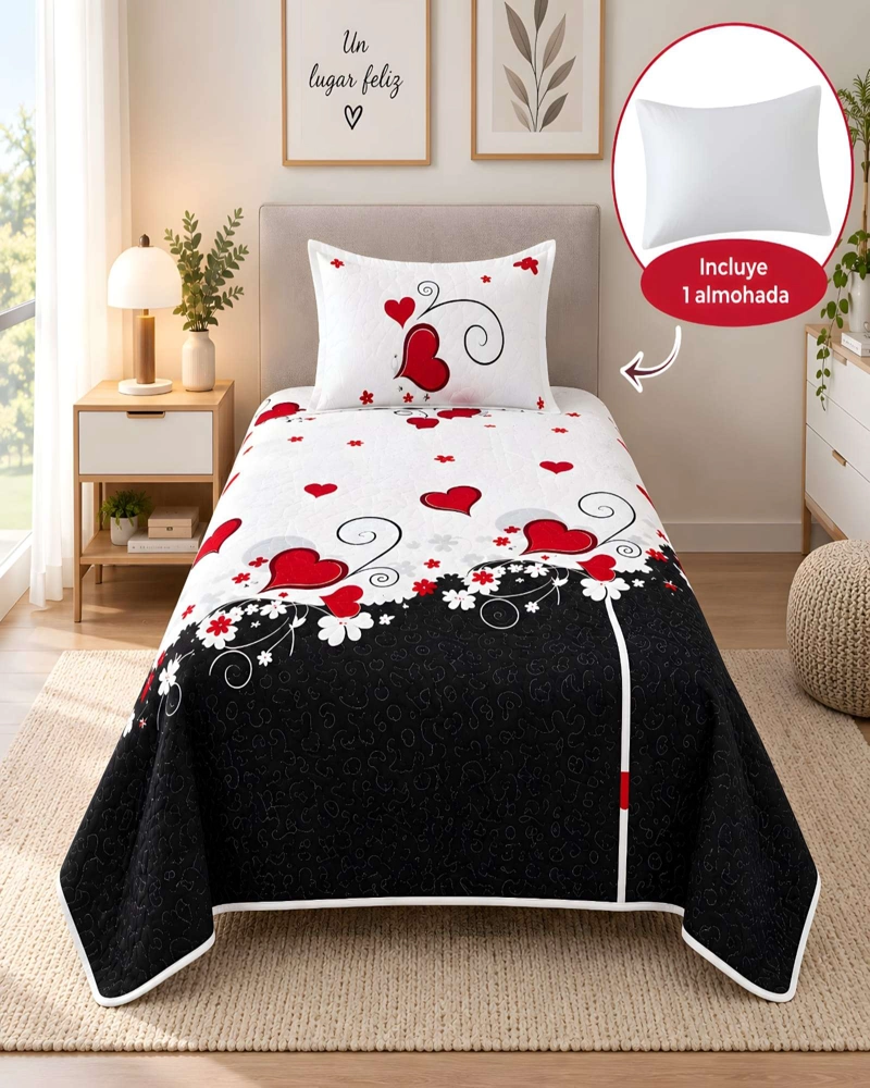 CUBRECAMA ACOLCHADO 1.5 PLAZAS (180X230 CM) + 1 ALMOHADA + 1 FUNDA - 1