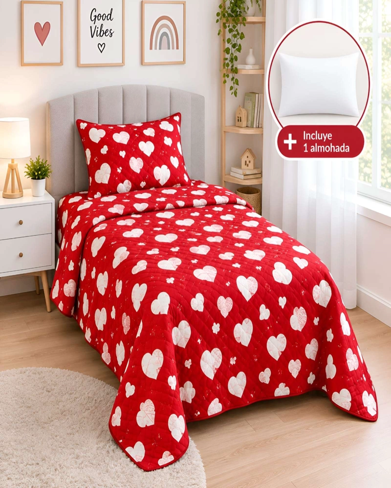 CUBRECAMA ACOLCHADO 1.5 PLAZAS (180X230 CM) + 1 ALMOHADA + 1 FUNDA - 1