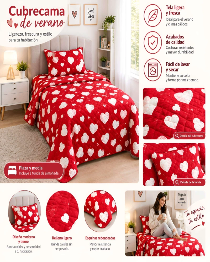 CUBRECAMA ACOLCHADO 1.5 PLAZAS (180X230 CM) + 1 ALMOHADA + 1 FUNDA - 6