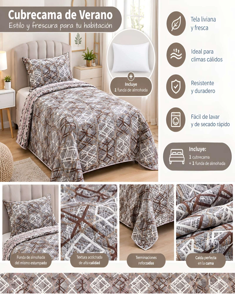CUBRECAMA ACOLCHADO 1.5 PLAZAS (180X230 CM) + 1 ALMOHADA + 1 FUNDA - 5