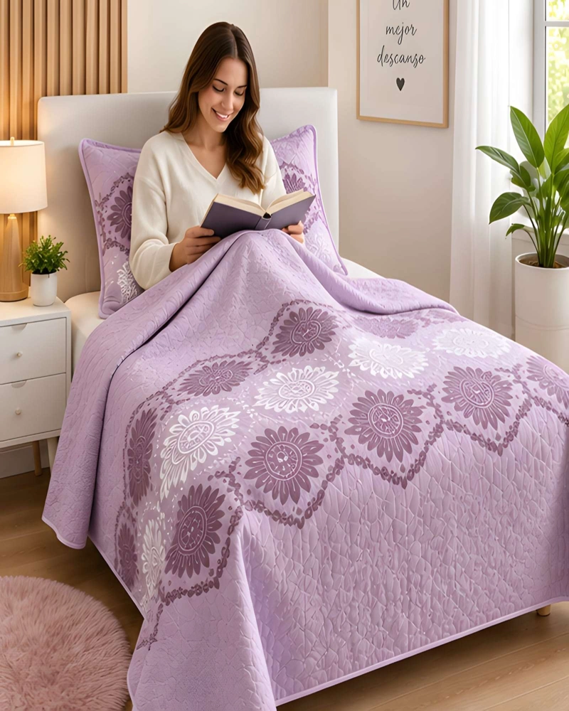 SET DE CUBRE CAMA Y FUNDA DE ALMOHADA ACOLCHADO PLAZA Y MEDIA 180X230CM - 2