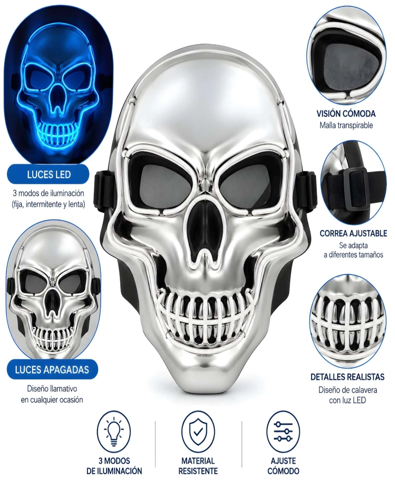MASCARA LED DE CALAVERA PARA FIESTA DE HALLOWEEN Y EVENTOS - 5