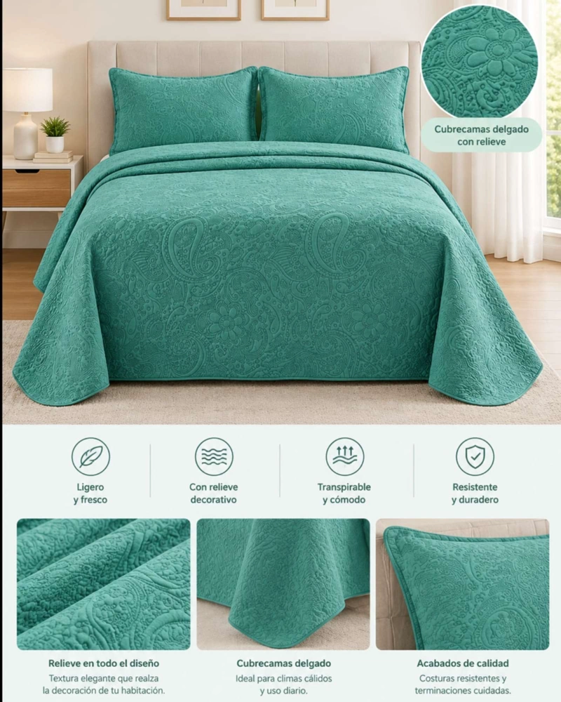 QUILT CUBRECAMA SUPER KING TURQUESA VERANO DISEÑO RELIEVE - 2