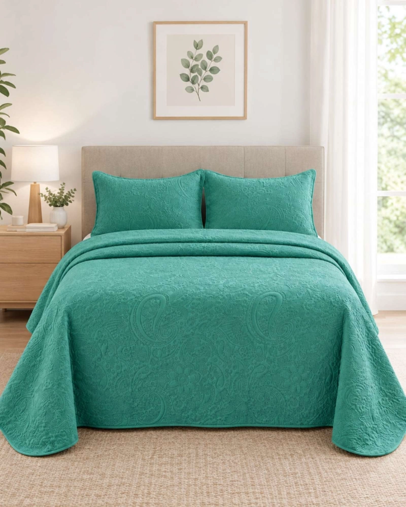 QUILT CUBRECAMA SUPER KING TURQUESA VERANO DISEÑO RELIEVE - 3
