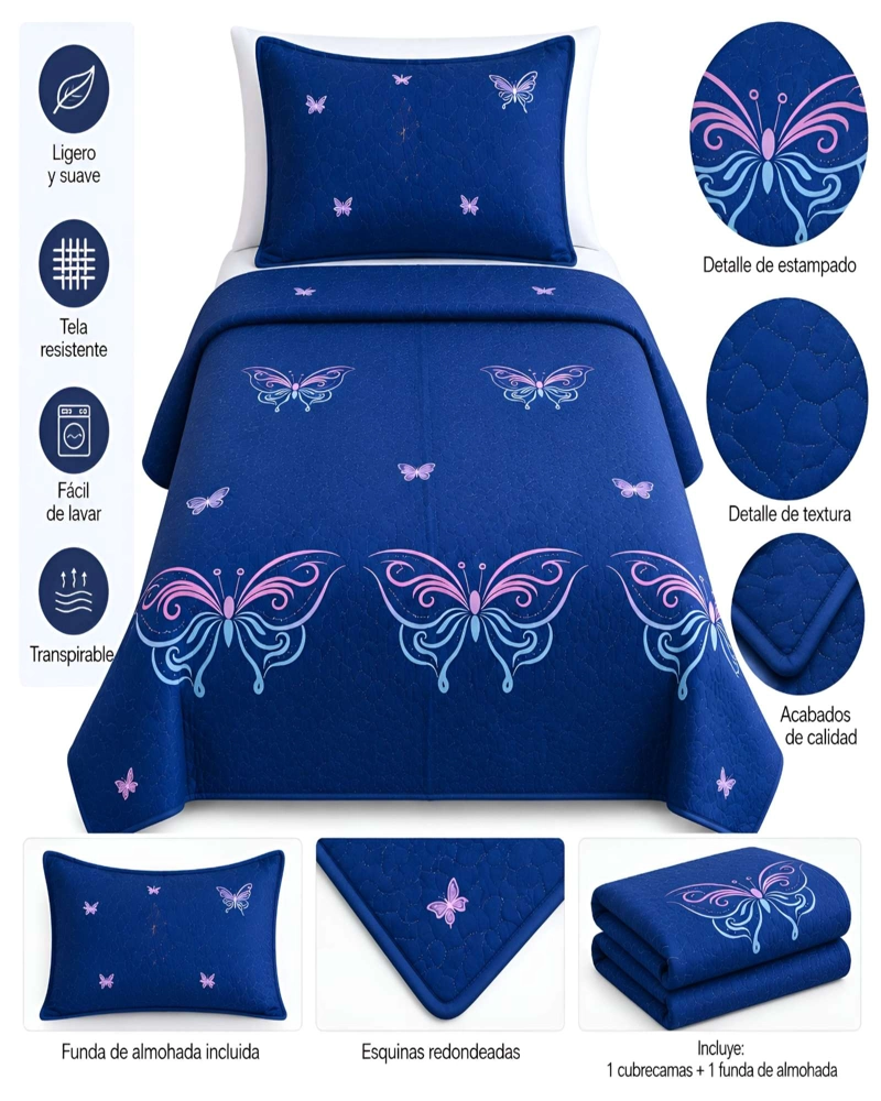 CUBRECAMAS QUILT DE VERANO PLAZA Y MEDIA LIGERO Y TRANSPIRABLE MAS ALMOHADA - 5