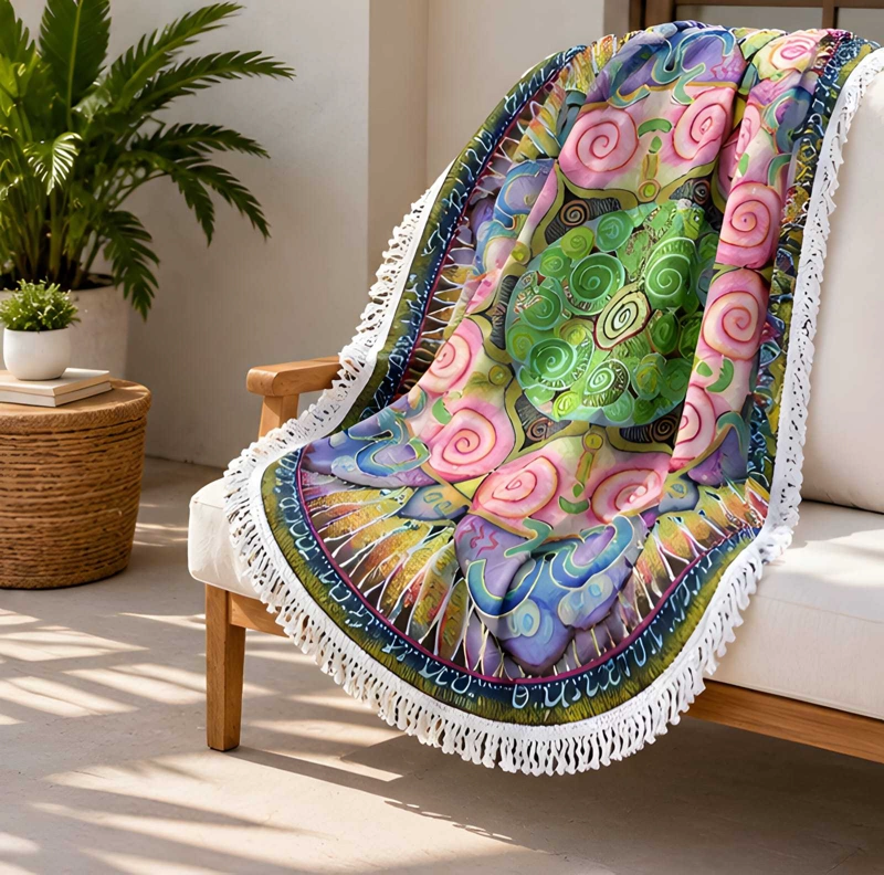 TOALLA REDONDA DE PLAYA Y PISCINA CON ESTAMPADO Y FLECOS 150 CM - 2