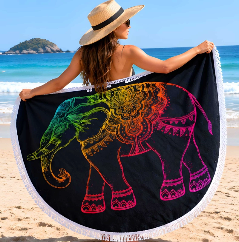 TOALLA REDONDA DE PLAYA Y PISCINA CON ESTAMPADO Y FLECOS 150 CM - 1