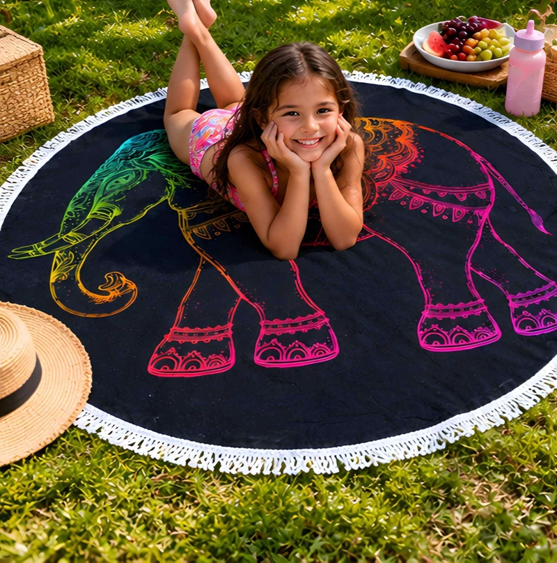 TOALLA REDONDA DE PLAYA Y PISCINA CON ESTAMPADO Y FLECOS 150 CM - 2