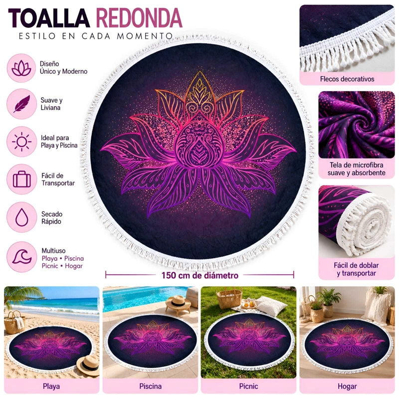TOALLA REDONDA DE PLAYA Y PISCINA CON ESTAMPADO Y FLECOS 150 CM - 5