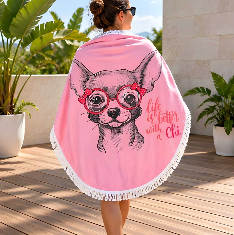 TOALLA REDONDA DE PLAYA Y PISCINA CON ESTAMPADO Y FLECOS 150 CM - 3
