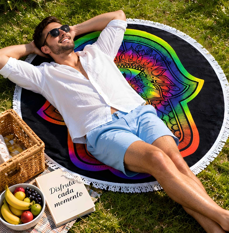 TOALLA REDONDA DE PLAYA Y PISCINA CON ESTAMPADO Y FLECOS 150 CM - 3