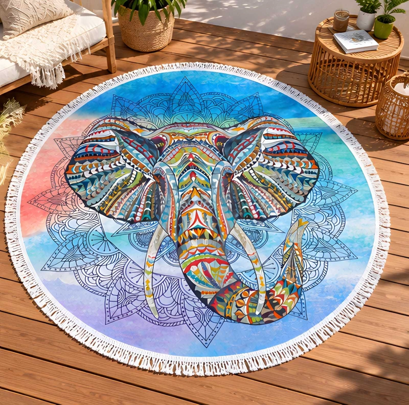 TOALLA REDONDA DE PLAYA Y PISCINA CON ESTAMPADO Y FLECOS 150 CM - 1