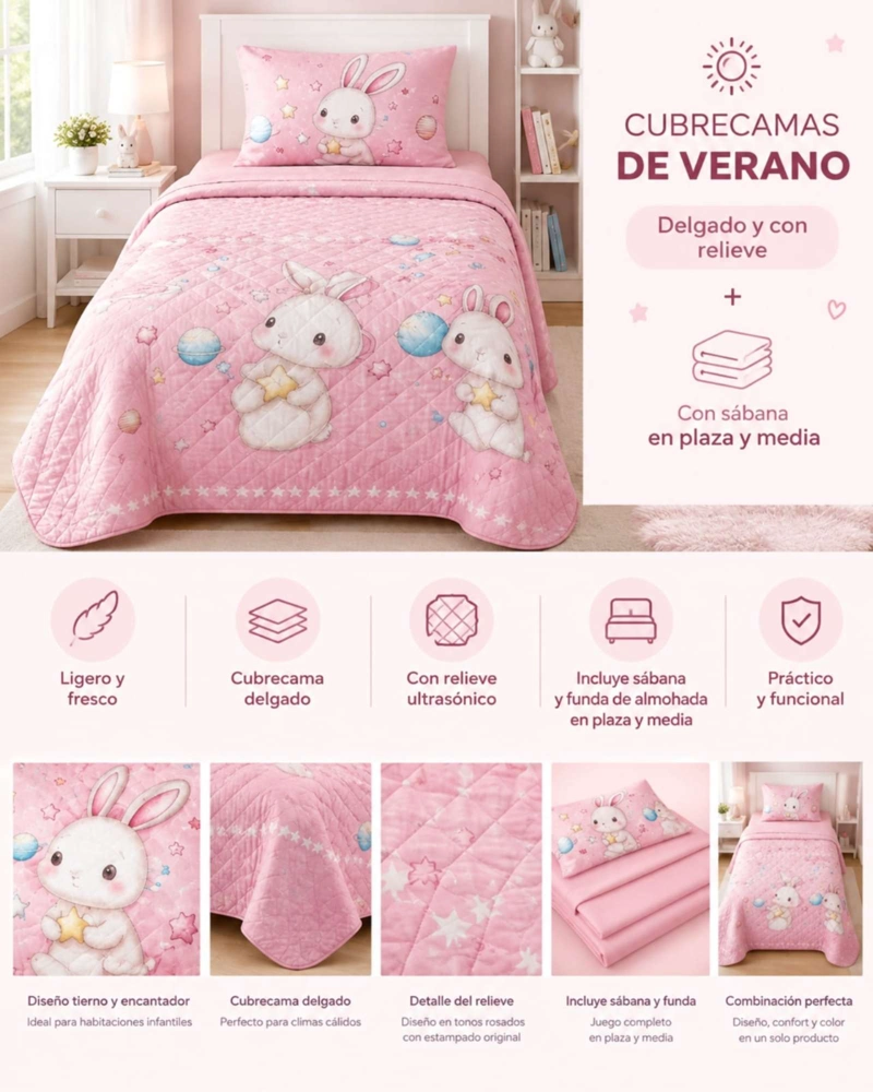 QUILT CUBRECAMA DE VERANO DELGADO PLAZA Y MEDIA LIVIANO Y FRESCO - 5