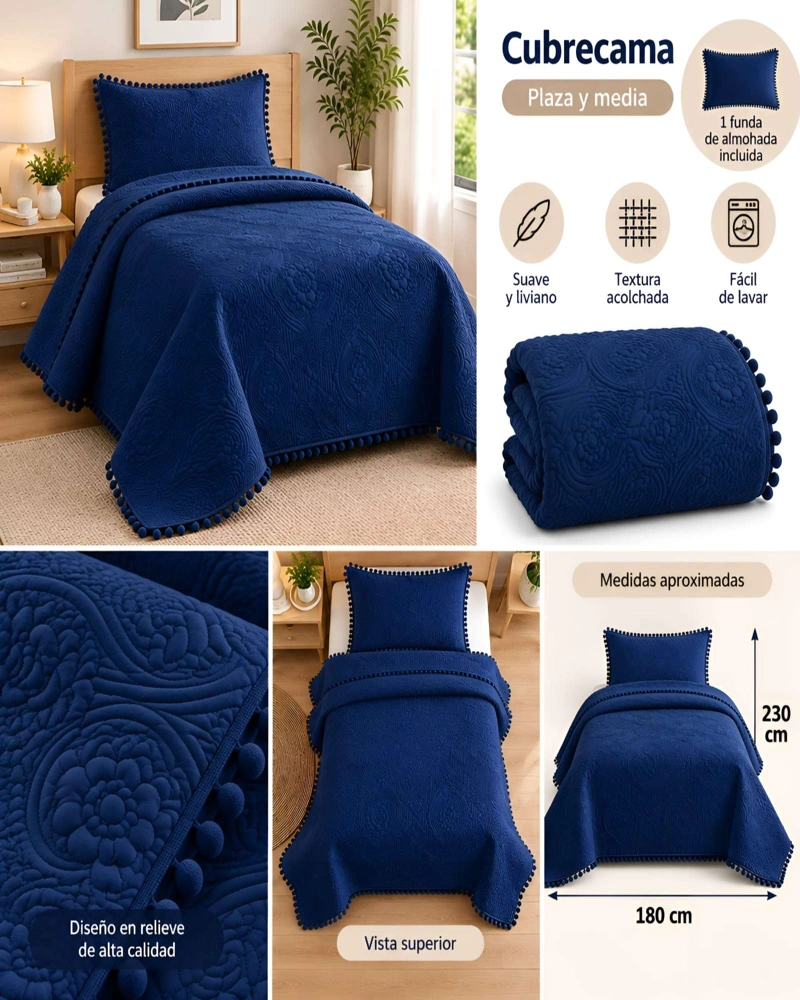 CUBRECAMA DE 1.5 PLAZA CON DISEÑO EN RELIEVE Y POMPONES DECORATIVOS - 5