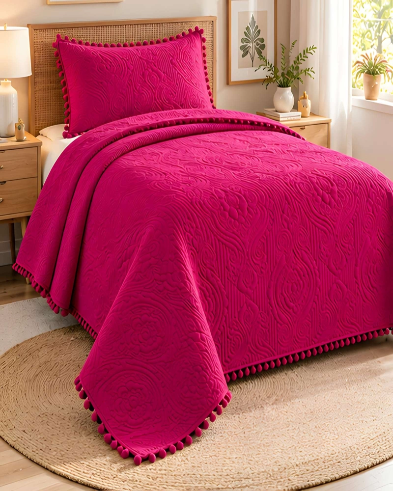 CUBRECAMA DE 1.5 PLAZA CON DISEÑO EN RELIEVE Y POMPONES DECORATIVOS - 3
