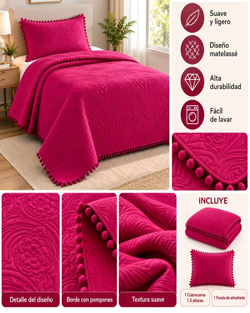 CUBRECAMA DE 1.5 PLAZA CON DISEÑO EN RELIEVE Y POMPONES DECORATIVOS - 5
