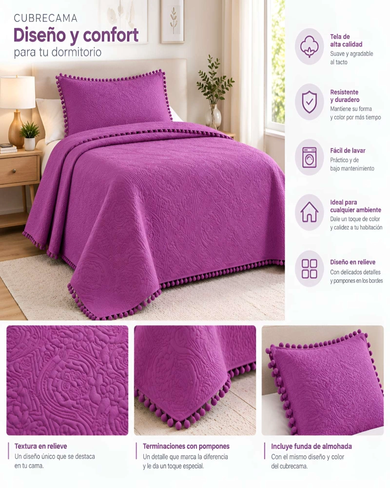 CUBRECAMA DE 1.5 PLAZA CON DISEÑO EN RELIEVE Y POMPONES DECORATIVOS - 5