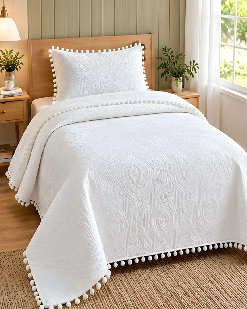 CUBRECAMA DE 1.5 PLAZA CON DISEÑO EN RELIEVE Y POMPONES DECORATIVOS - 2