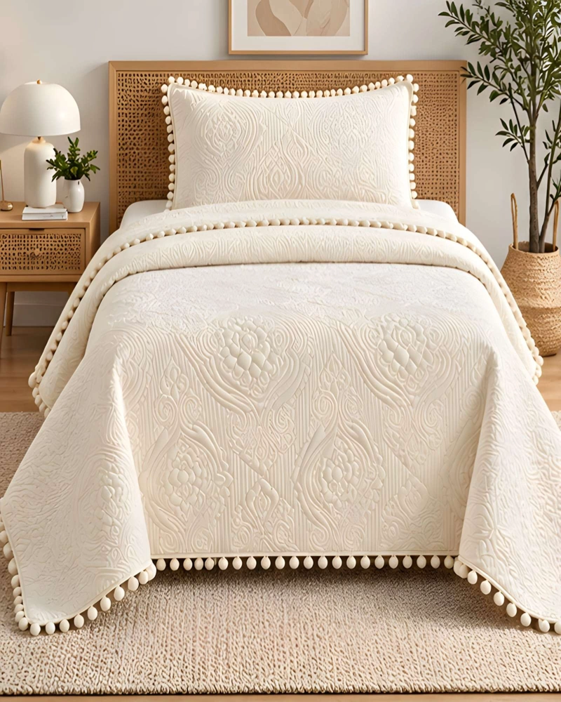 CUBRECAMA DE 1.5 PLAZA CON DISEÑO EN RELIEVE Y POMPONES DECORATIVOS - 1