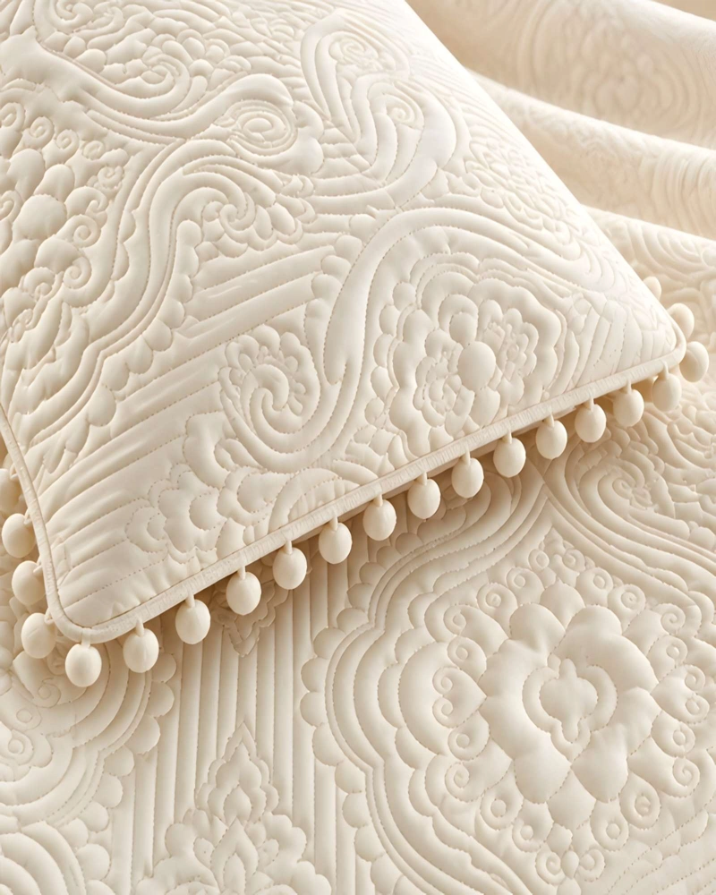 CUBRECAMA DE 1.5 PLAZA CON DISEÑO EN RELIEVE Y POMPONES DECORATIVOS - 2