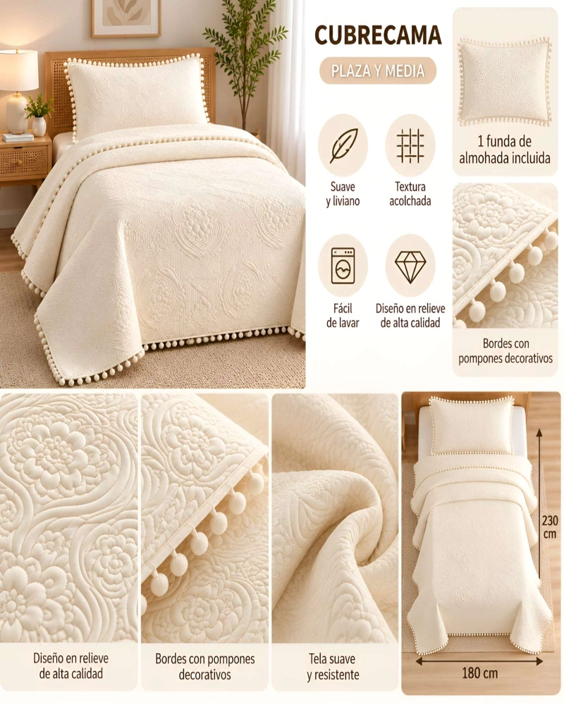 CUBRECAMA DE 1.5 PLAZA CON DISEÑO EN RELIEVE Y POMPONES DECORATIVOS - 5
