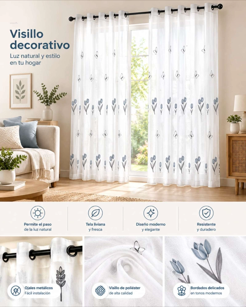 JUEGO DE VISILLOS BORDADO FLORAL 2 PAÑOS 140X220CM - 3