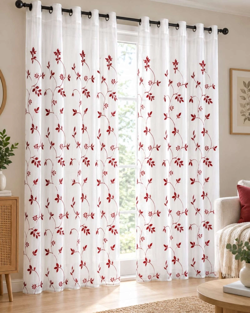 JUEGO DE VISILLOS BORDADO FLORAL 2 PAÑOS 140X220CM - 1