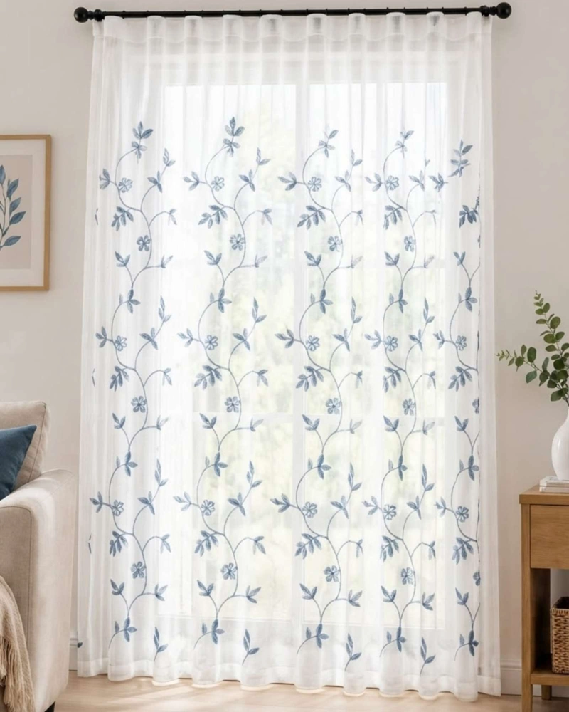JUEGO DE VISILLOS BORDADO FLORAL 2 PAÑOS 140X220CM - 1