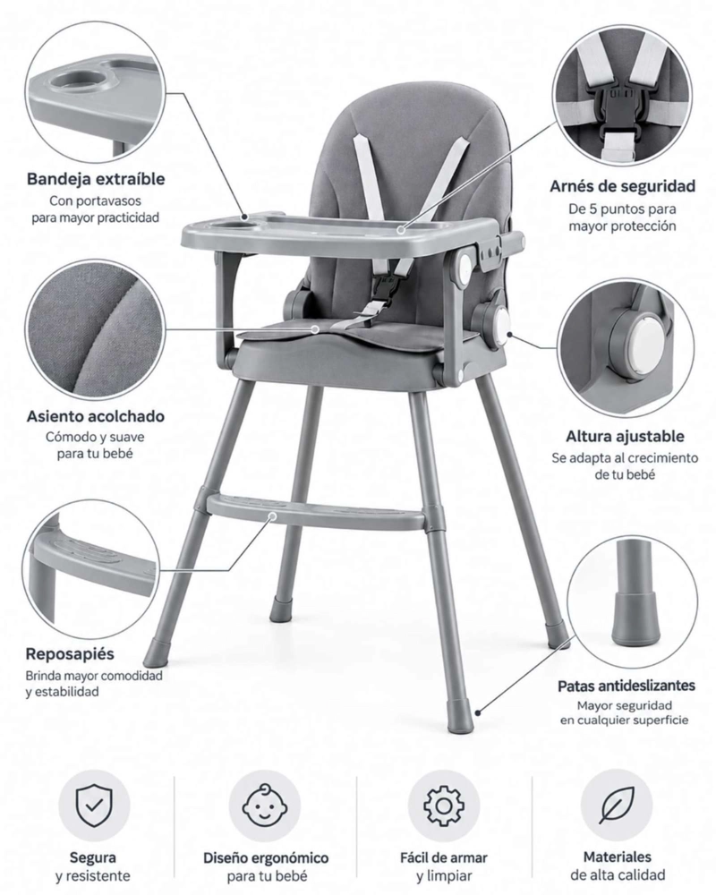 SILLA DE COMER  PARA BEBE  2 EN 1 CON BANDEJA Y ARNE S DE 5 PUNTOS  Y REPOSAPIE S - 5