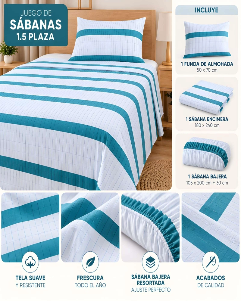 JUEGO DE SABANAS 200 HILOS 1.5 PLAZAS SUAVIDAD Y DURABILIDAD - 5
