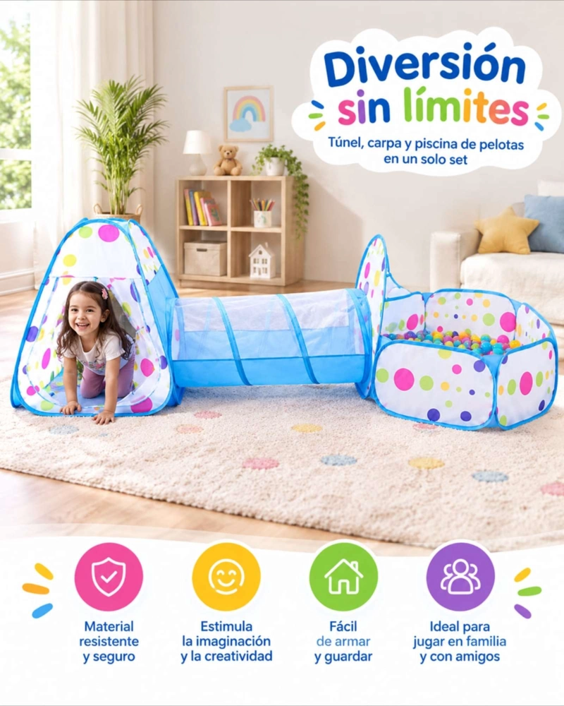 CARPA INFANTIL CON TUNEL Y PISCINA DE PELOTAS MULTICOLOR - 4