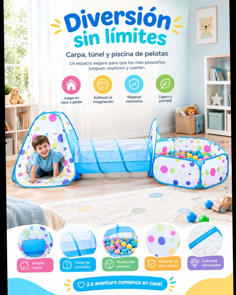 CARPA INFANTIL CON TUNEL Y PISCINA DE PELOTAS MULTICOLOR - 5