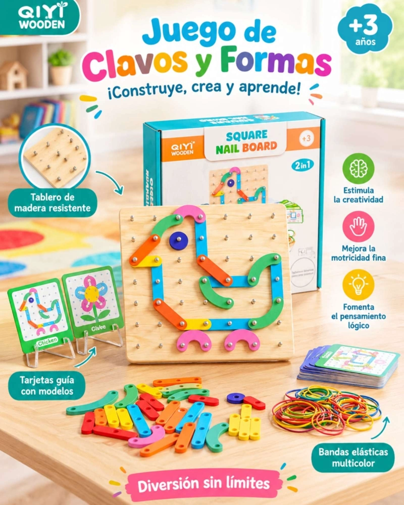 JUEGO DIDACTICO DE MADERA 2EN1 CONSTRUCCION FORMAS Y TARJETAS - 1