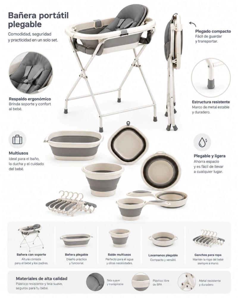 BAÑERA PLEGABLE PARA BEBE 7 EN 1 CON SOPORTE ELEVADO Y ACCESORIOS - 5