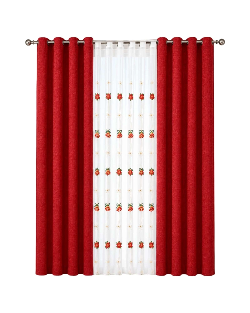 JUEGO CORTINAS NAVIDEÑAS ROJAS CON VISILLOS BORDADOS 4 PAÑOS - 6