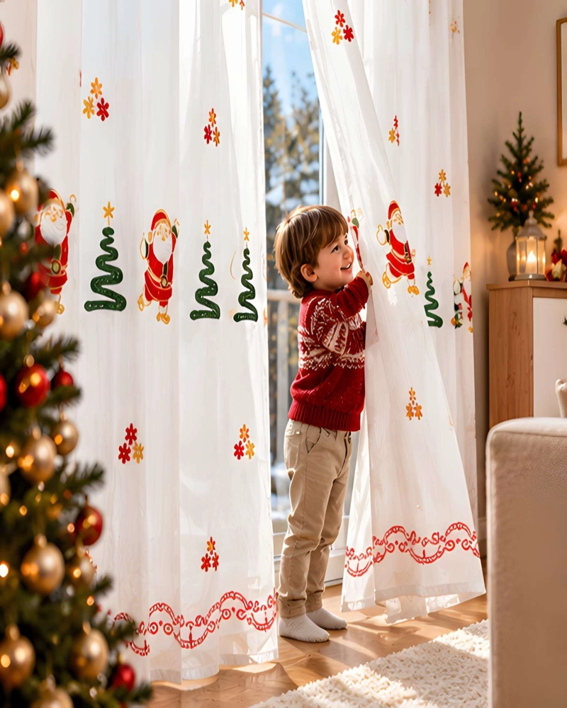 PAR DE VISILLOS NAVIDEÑOS CON BORDADOS 140X230 CM - 1