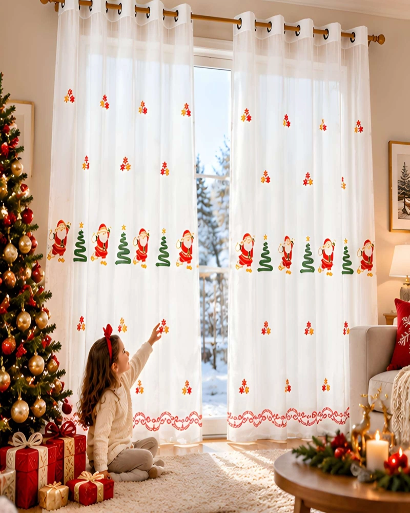 PAR DE VISILLOS NAVIDEÑOS CON BORDADOS 140X230 CM - 3