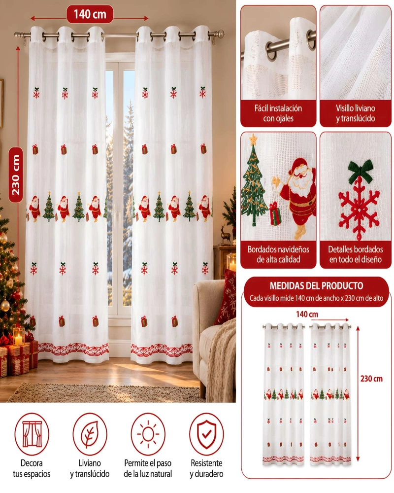 PAR DE VISILLOS NAVIDEÑOS CON BORDADOS 140X230 CM - 5