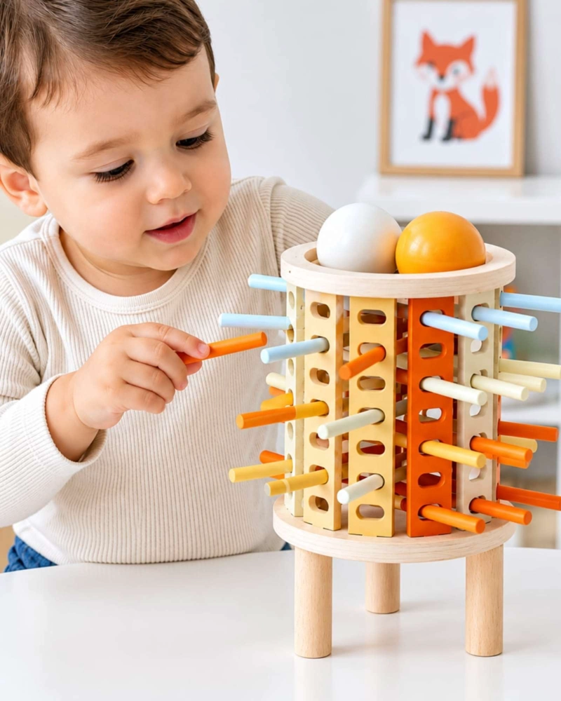JUEGO DE MADERA EDUCATIVA CON PALITOS Y BOLAS DE COLORES PARA NIÑOS - 1