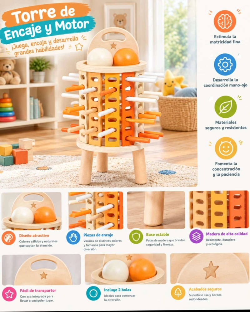 JUEGO DE MADERA EDUCATIVA CON PALITOS Y BOLAS DE COLORES PARA NIÑOS - 4