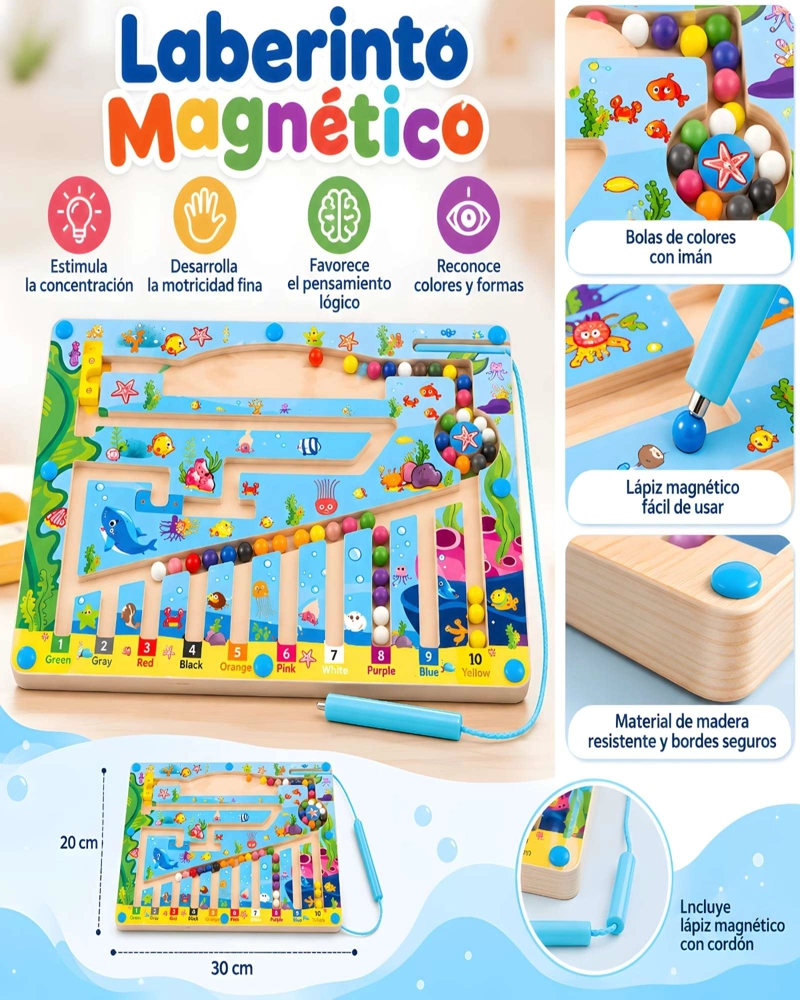 LABERINTO MAGNE TICO DE MADERA INFANTIL CON LAPIZ Y BOLAS DE COLORES - 5