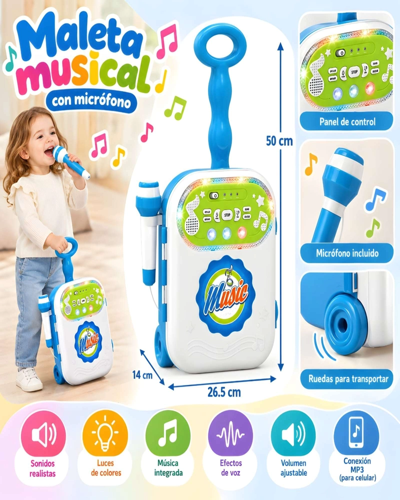 MALETA MUSICAL INFANTIL CON MICROFONO Y LUCES LED - 5