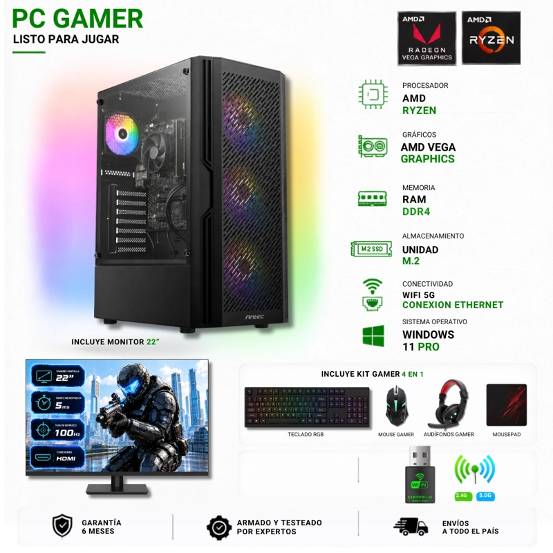 PC GAMER AMD RYZEN 7 5700G - 16GB RAM - VEGA 8 - 480GB - ( MONITOR 22' ) AX65 - 1