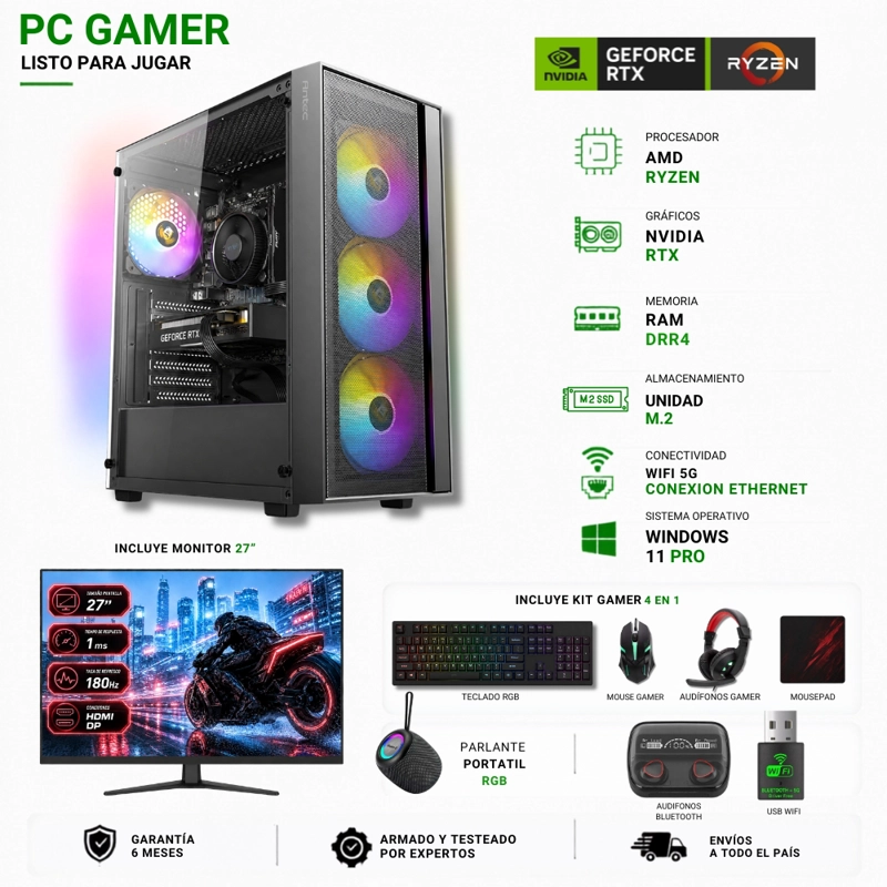 PC GAMER AMD RYZEN 7 5700X - 32GB - RTX 5060 - 2TB ( PARLANTE + MONITOR 27' + AUDIFONOS) PROINS