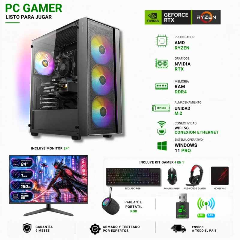 PC GAMER AMD RYZEN 7 5700X - 32GB - RTX 5060TI - 2TB ( PARLANTE + MONITOR 24' )AX65 - 1