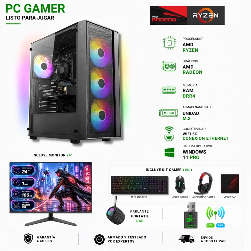 PC GAMER AMD RYZEN 7 5700X - 32GB RAM - RX 7600 - 2TB - WIFI - (MONITOR 24'+ PARLANTE) PROINS